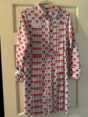 Lanvin Kids Heart-Print CollaredShirt Dress - Red Hearts on Baby Blue